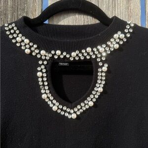 Vintage Y2K Black Embellished Pearls Rhinestone Sweater Dress with Bell Sleeves